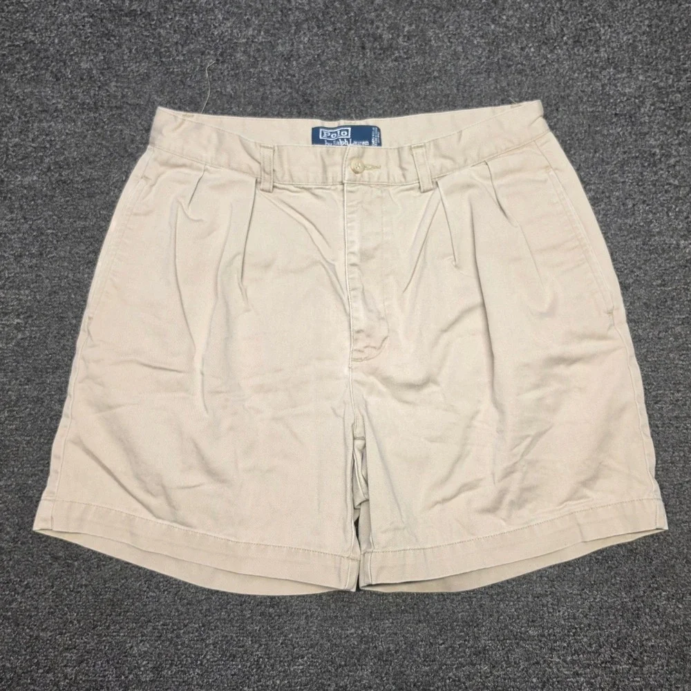 Polo Ralph Lauren Andrew Shorts Khaki Mens 33 Pleated Chino Cotton Tan Preppy